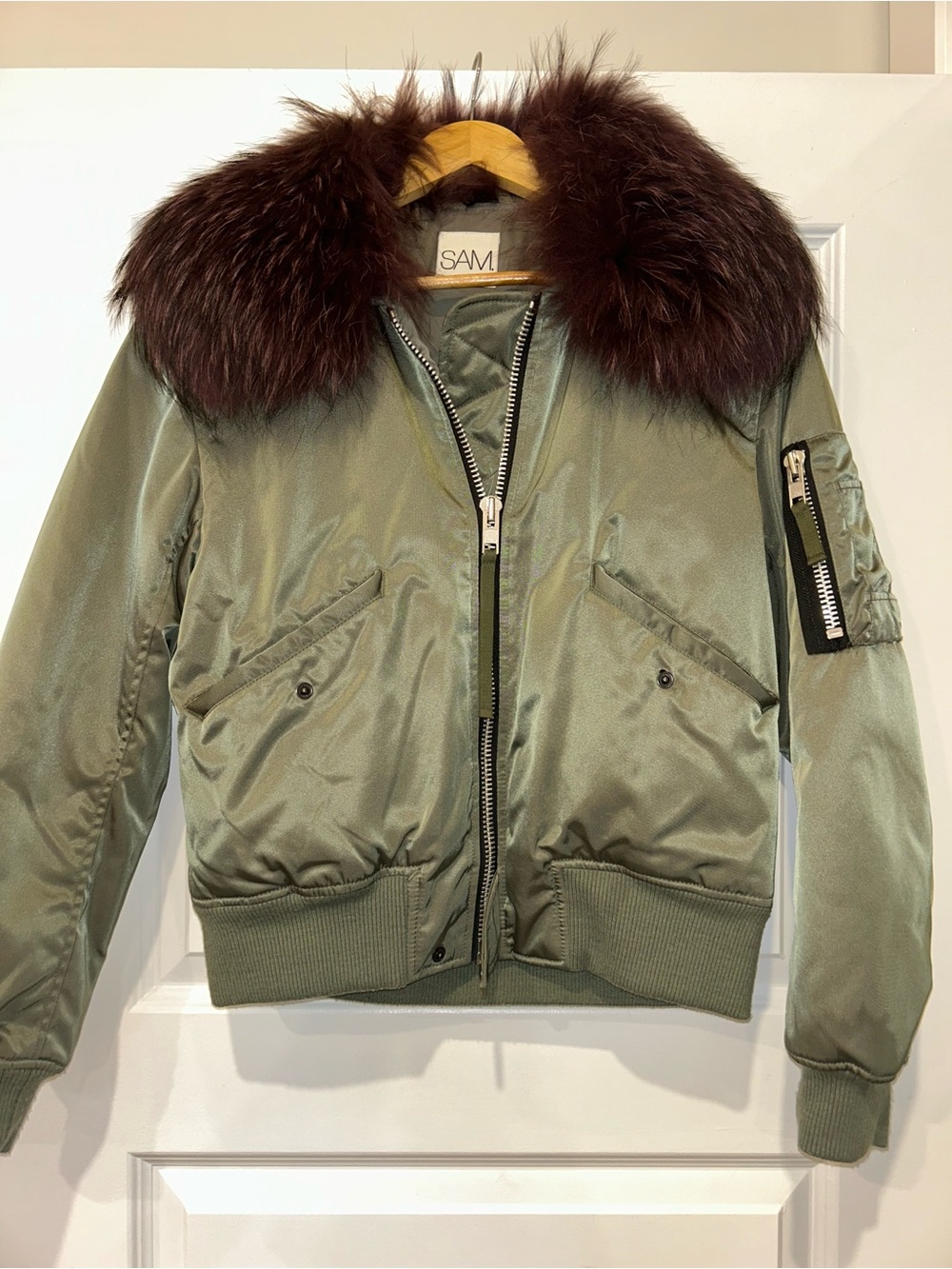 SAM. Olive Green Bomber Jacket with Fur Collar